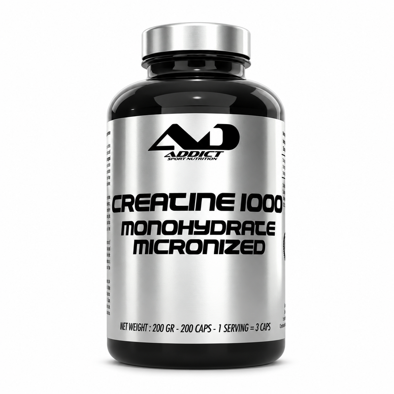 Créatine monohydrate micronisée 1000 mg Addict Sport Nutrition – flacon de 200 capsules.