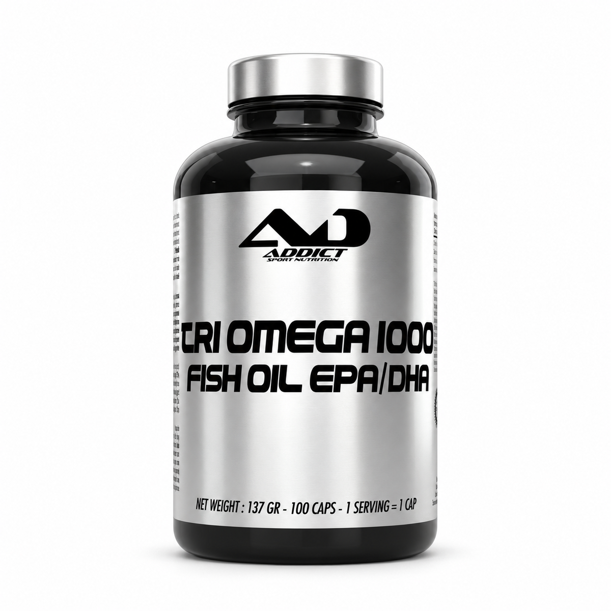 Flacon Addict Sport Nutrition Tri Omega 1000, complément oméga‑3 EPA/DHA, 100 capsules.